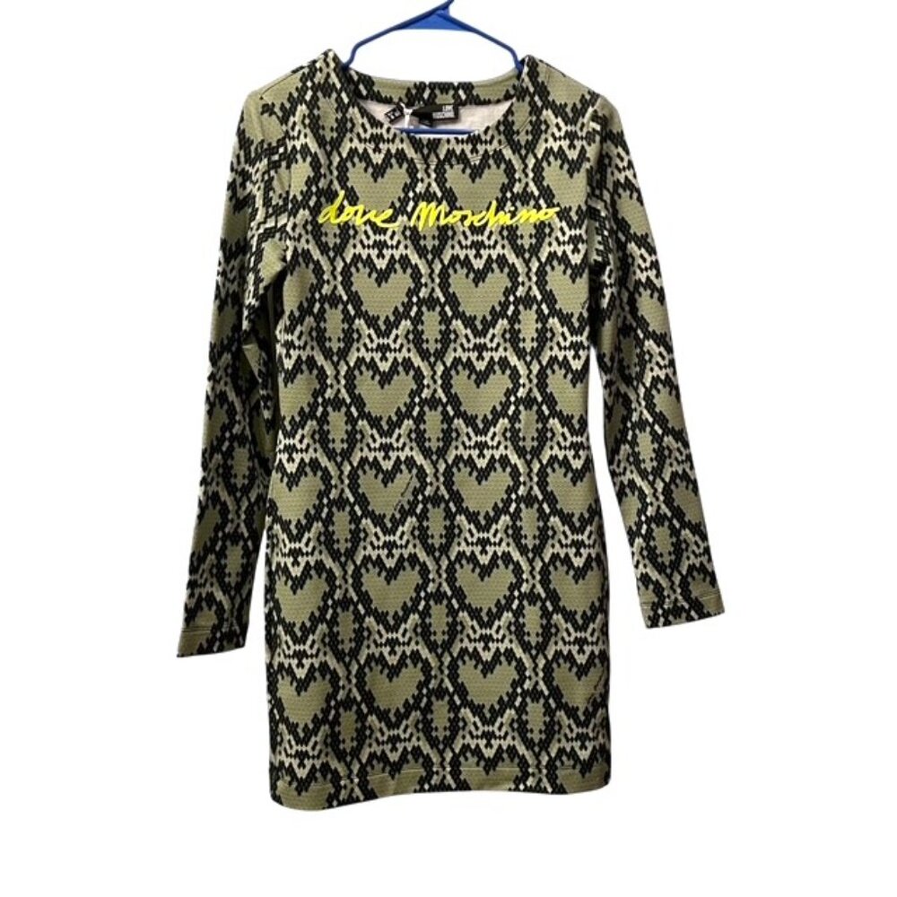 NWT Love Moschino Heart Logo Long Sleeve Snakeskin Fitted Dress Green Size 4 - Picture 3 of 16